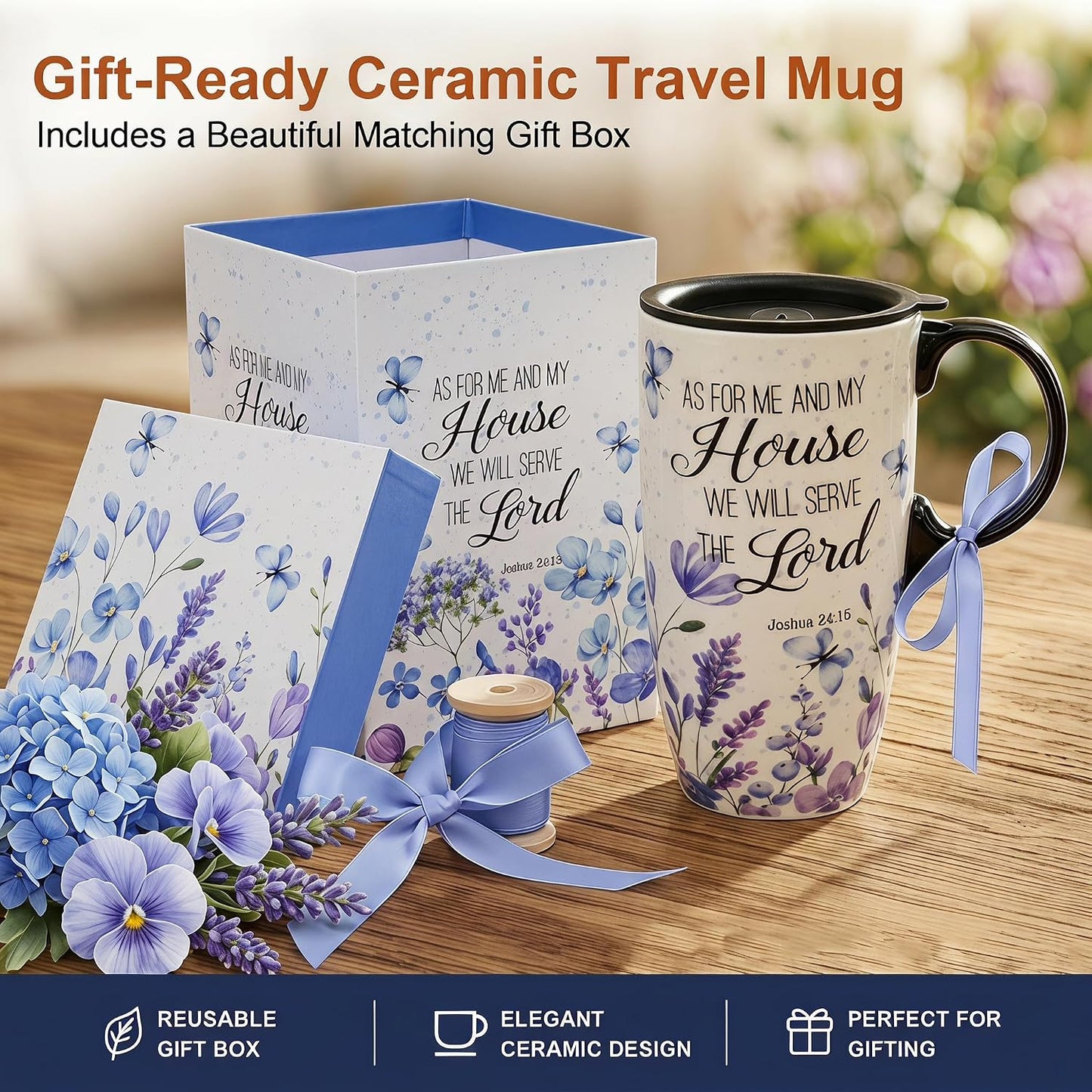 17oz Ceramic Travel Mug with Lid, Inspirational Floral Coffee Mug | Pink Ceramic Travel Cup with Handle for Women, Microwave & Dishwasher Safe, Gift Box Included