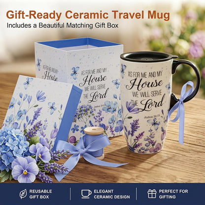 17oz Ceramic Travel Mug with Lid, Inspirational Floral Coffee Mug | Pink Ceramic Travel Cup with Handle for Women, Microwave & Dishwasher Safe, Gift Box Included