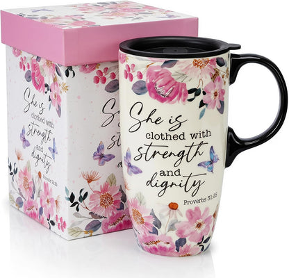 17oz Ceramic Travel Mug with Lid, Inspirational Floral Coffee Mug | Pink Ceramic Travel Cup with Handle for Women, Microwave & Dishwasher Safe, Gift Box Included