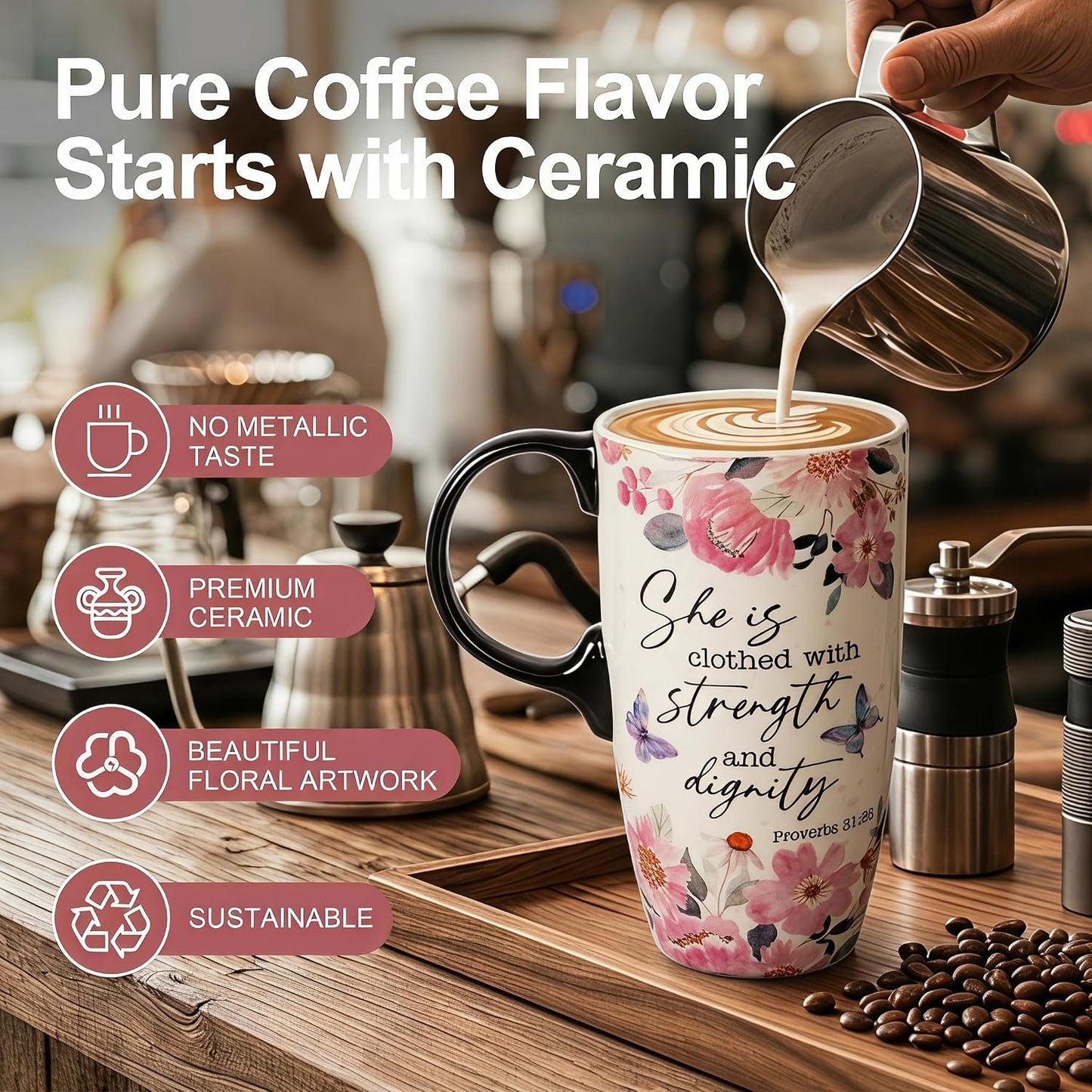 17oz Ceramic Travel Mug with Lid, Inspirational Floral Coffee Mug | Pink Ceramic Travel Cup with Handle for Women, Microwave & Dishwasher Safe, Gift Box Included