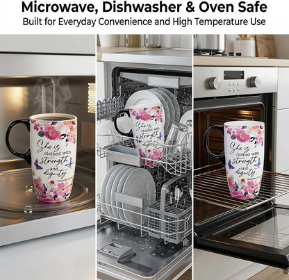 17oz Ceramic Travel Mug with Lid, Inspirational Floral Coffee Mug | Pink Ceramic Travel Cup with Handle for Women, Microwave & Dishwasher Safe, Gift Box Included
