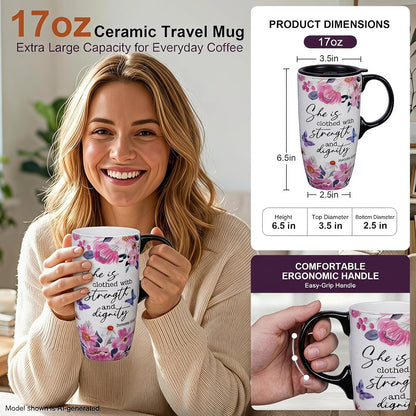 17oz Ceramic Travel Mug with Lid, Inspirational Floral Coffee Mug | Pink Ceramic Travel Cup with Handle for Women, Microwave & Dishwasher Safe, Gift Box Included