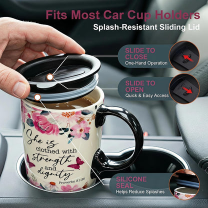 17oz Ceramic Travel Mug with Lid, Inspirational Floral Coffee Mug | Pink Ceramic Travel Cup with Handle for Women, Microwave & Dishwasher Safe, Gift Box Included