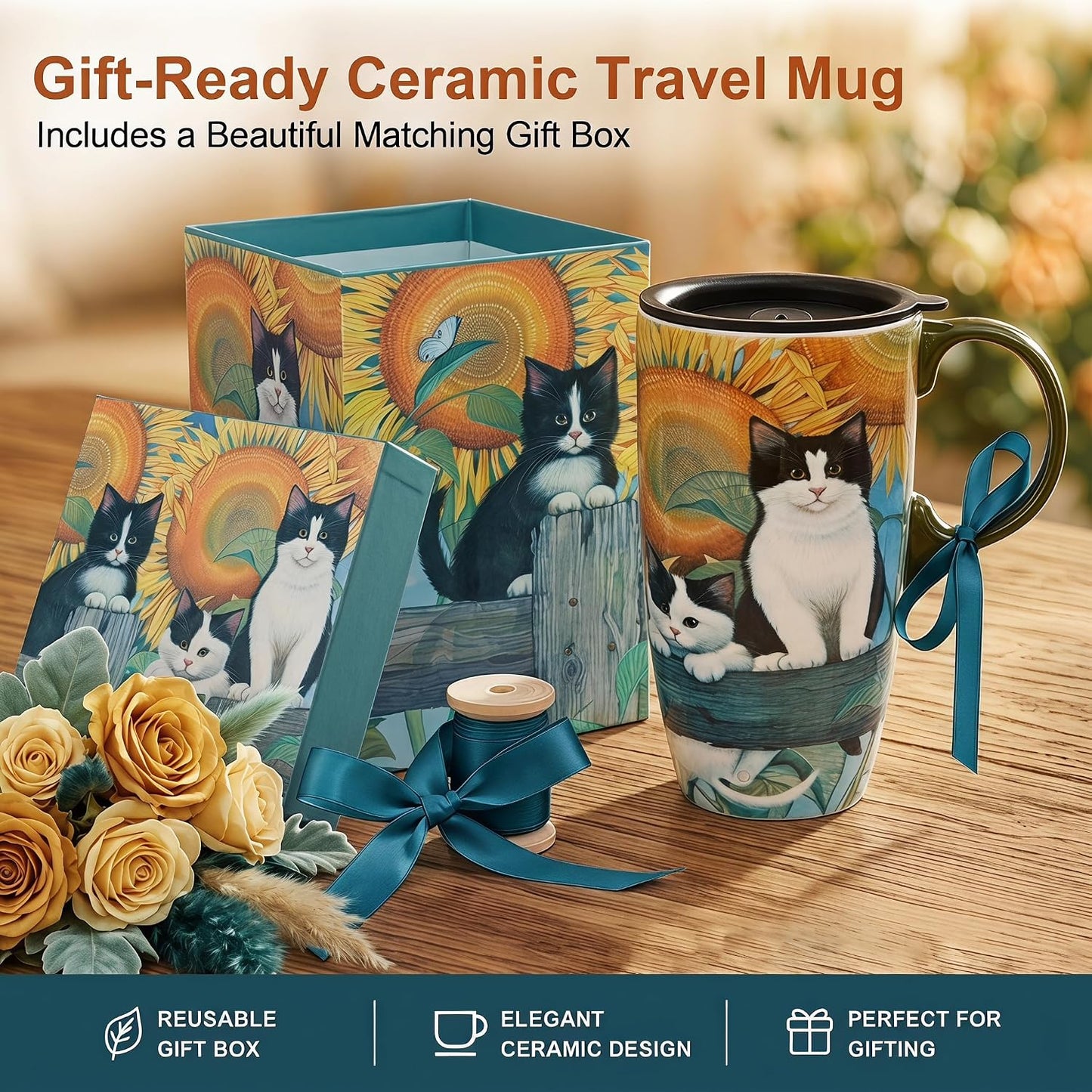 17oz Ceramic Travel Mug with Lid, Inspirational Floral Coffee Mug | Pink Ceramic Travel Cup with Handle for Women, Microwave & Dishwasher Safe, Gift Box Included