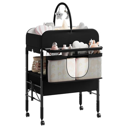 Portable Baby Changing Table with Drawers and Wheels - Collapsible Diaper Changing Station - Adjustable Height - Mobile Nursery Organizer for Newborn Infant Care - Sturdy Frame