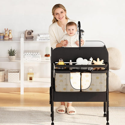 Portable Baby Changing Table with Drawers and Wheels - Collapsible Diaper Changing Station - Adjustable Height - Mobile Nursery Organizer for Newborn Infant Care - Sturdy Frame