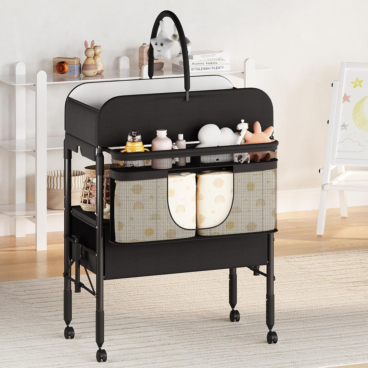 Portable Baby Changing Table with Drawers and Wheels - Collapsible Diaper Changing Station - Adjustable Height - Mobile Nursery Organizer for Newborn Infant Care - Sturdy Frame