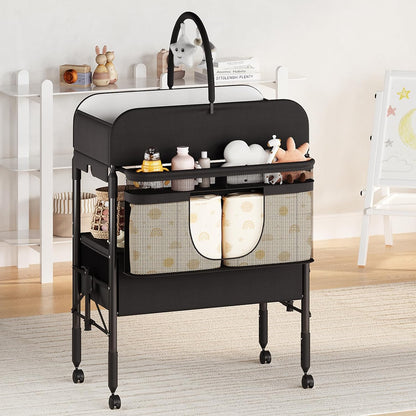 Portable Baby Changing Table with Drawers and Wheels - Collapsible Diaper Changing Station - Adjustable Height - Mobile Nursery Organizer for Newborn Infant Care - Sturdy Frame