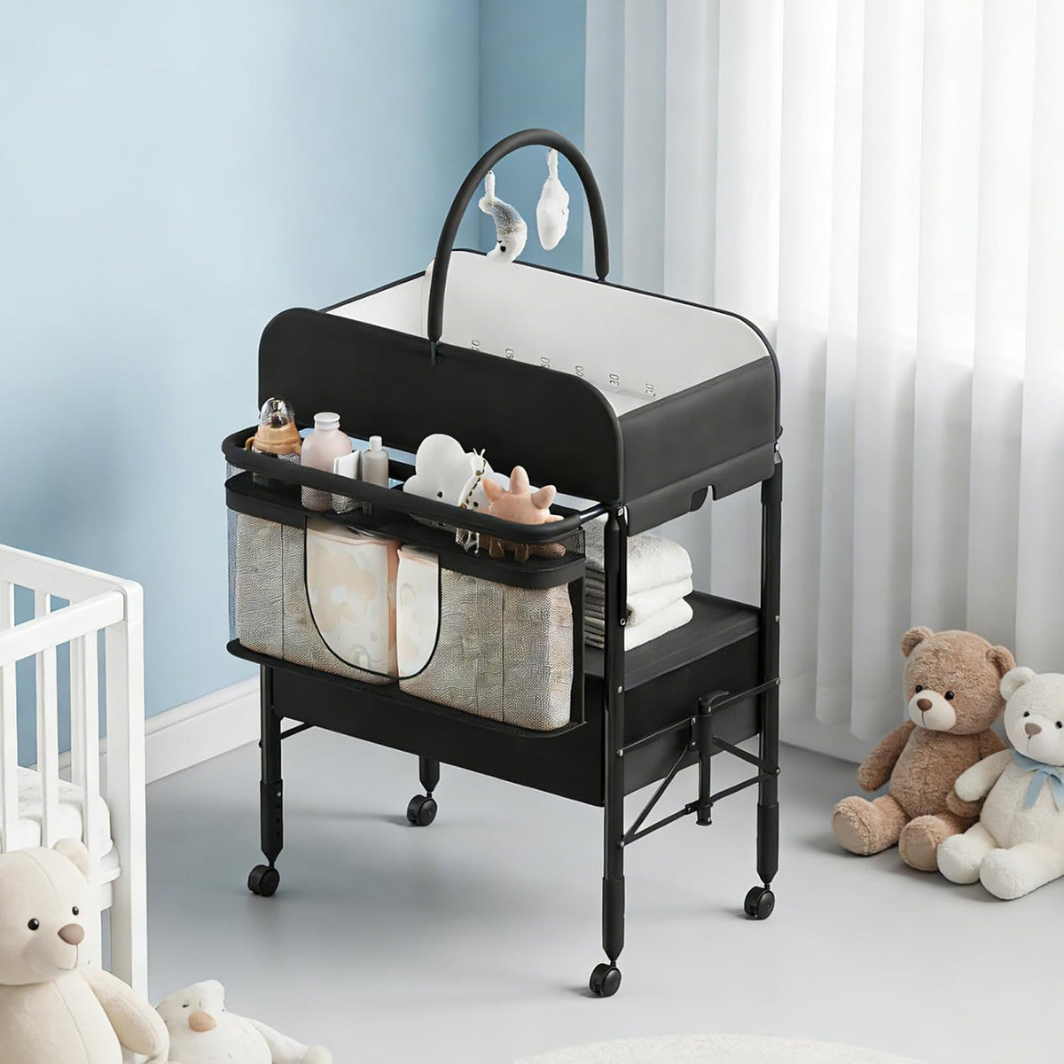 Portable Baby Changing Table with Drawers and Wheels - Collapsible Diaper Changing Station - Adjustable Height - Mobile Nursery Organizer for Newborn Infant Care - Sturdy Frame