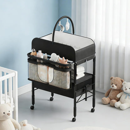 Portable Baby Changing Table with Drawers and Wheels - Collapsible Diaper Changing Station - Adjustable Height - Mobile Nursery Organizer for Newborn Infant Care - Sturdy Frame