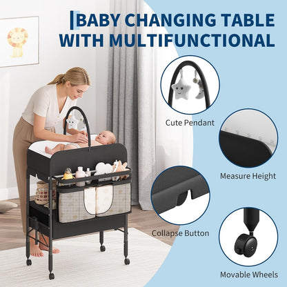 Portable Baby Changing Table with Drawers and Wheels - Collapsible Diaper Changing Station - Adjustable Height - Mobile Nursery Organizer for Newborn Infant Care - Sturdy Frame