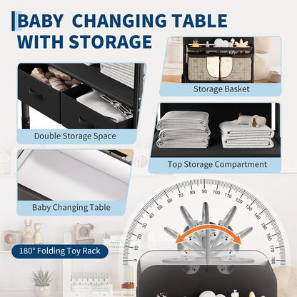 Portable Baby Changing Table with Drawers and Wheels - Collapsible Diaper Changing Station - Adjustable Height - Mobile Nursery Organizer for Newborn Infant Care - Sturdy Frame