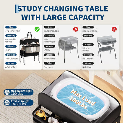 Portable Baby Changing Table with Drawers and Wheels - Collapsible Diaper Changing Station - Adjustable Height - Mobile Nursery Organizer for Newborn Infant Care - Sturdy Frame