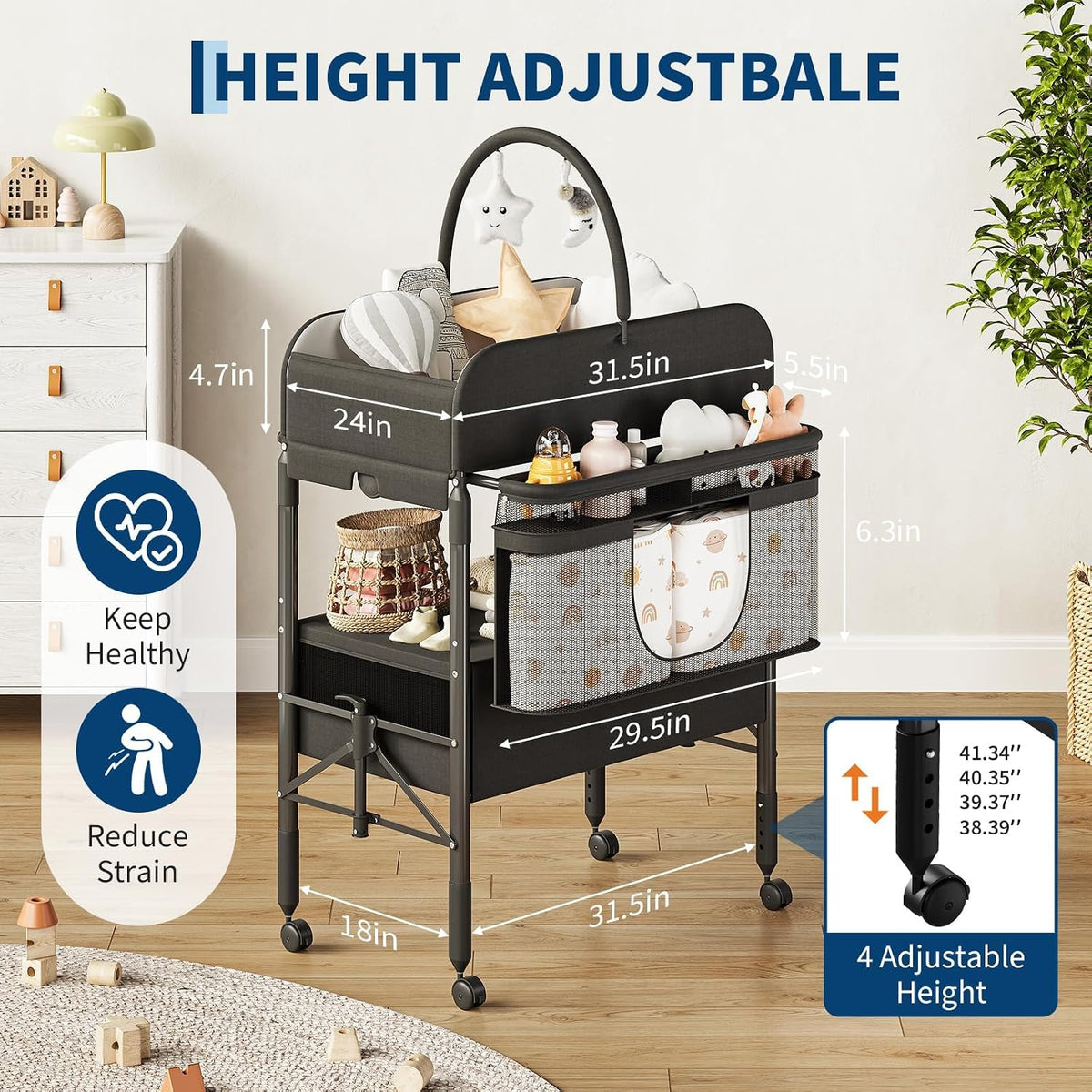Portable Baby Changing Table with Drawers and Wheels - Collapsible Diaper Changing Station - Adjustable Height - Mobile Nursery Organizer for Newborn Infant Care - Sturdy Frame