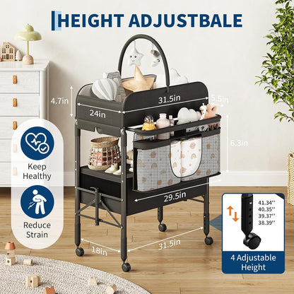 Portable Baby Changing Table with Drawers and Wheels - Collapsible Diaper Changing Station - Adjustable Height - Mobile Nursery Organizer for Newborn Infant Care - Sturdy Frame