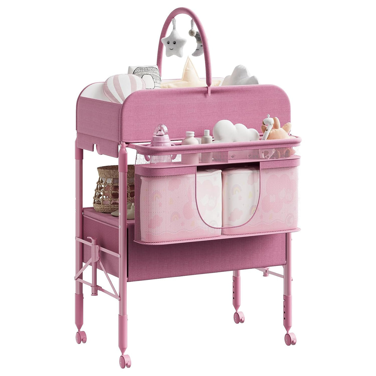 Portable Baby Changing Table with Drawers and Wheels - Collapsible Diaper Changing Station - Adjustable Height - Mobile Nursery Organizer for Newborn Infant Care - Sturdy Frame