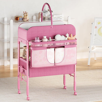Portable Baby Changing Table with Drawers and Wheels - Collapsible Diaper Changing Station - Adjustable Height - Mobile Nursery Organizer for Newborn Infant Care - Sturdy Frame