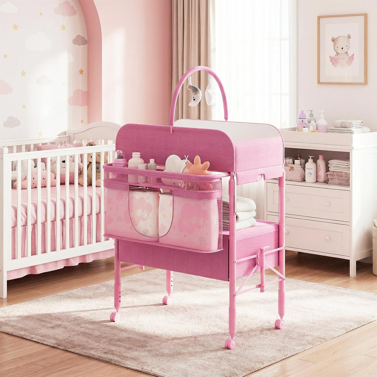 Portable Baby Changing Table with Drawers and Wheels - Collapsible Diaper Changing Station - Adjustable Height - Mobile Nursery Organizer for Newborn Infant Care - Sturdy Frame