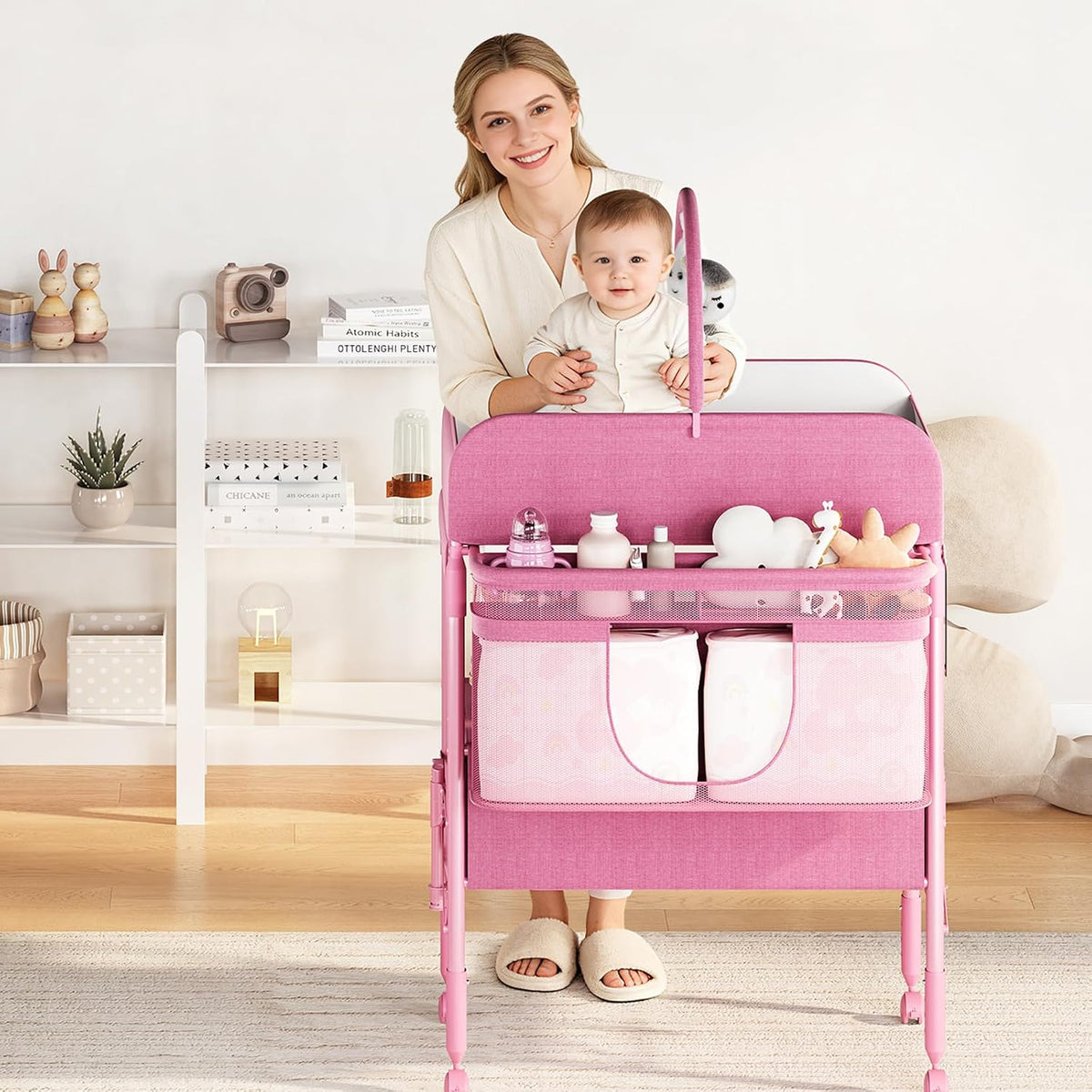 Portable Baby Changing Table with Drawers and Wheels - Collapsible Diaper Changing Station - Adjustable Height - Mobile Nursery Organizer for Newborn Infant Care - Sturdy Frame