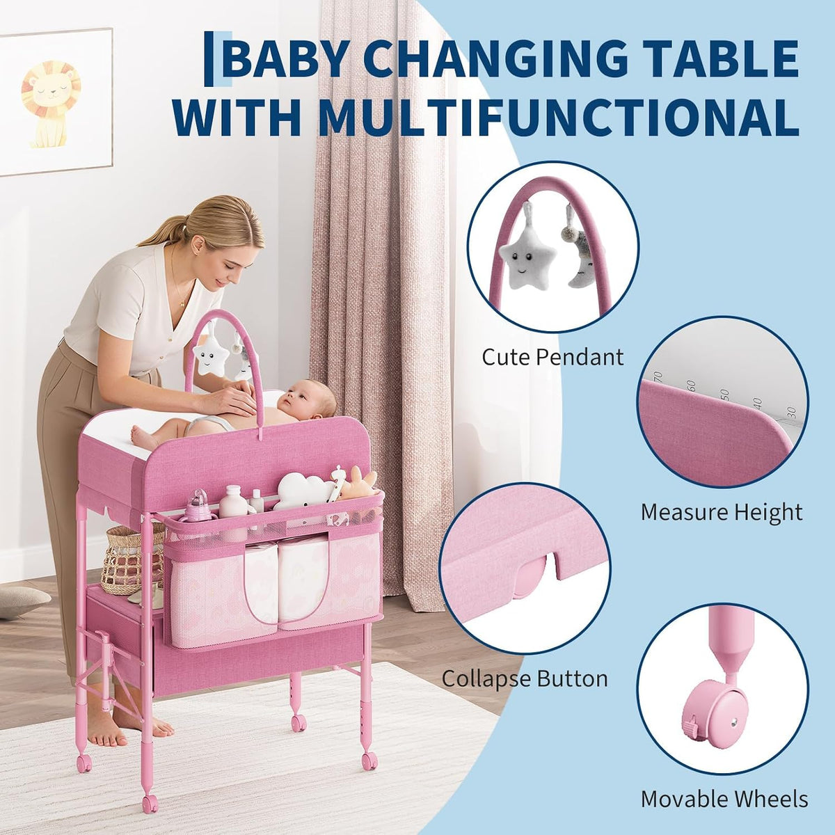 Portable Baby Changing Table with Drawers and Wheels - Collapsible Diaper Changing Station - Adjustable Height - Mobile Nursery Organizer for Newborn Infant Care - Sturdy Frame