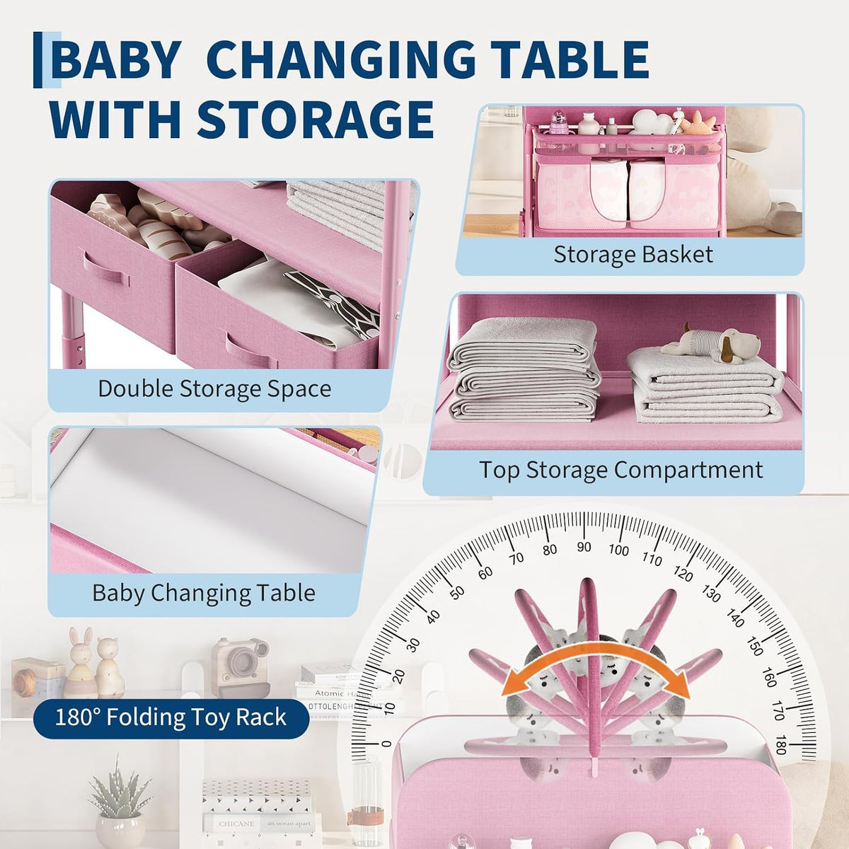 Portable Baby Changing Table with Drawers and Wheels - Collapsible Diaper Changing Station - Adjustable Height - Mobile Nursery Organizer for Newborn Infant Care - Sturdy Frame