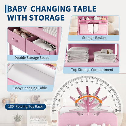 Portable Baby Changing Table with Drawers and Wheels - Collapsible Diaper Changing Station - Adjustable Height - Mobile Nursery Organizer for Newborn Infant Care - Sturdy Frame