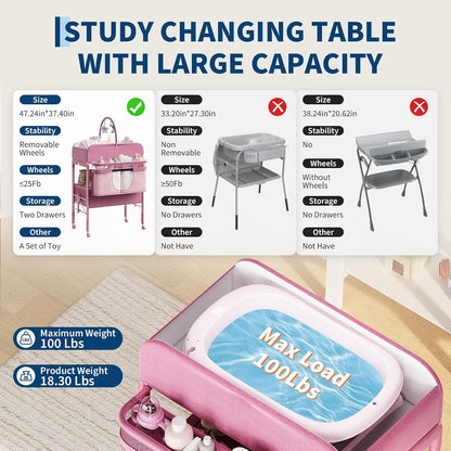 Portable Baby Changing Table with Drawers and Wheels - Collapsible Diaper Changing Station - Adjustable Height - Mobile Nursery Organizer for Newborn Infant Care - Sturdy Frame