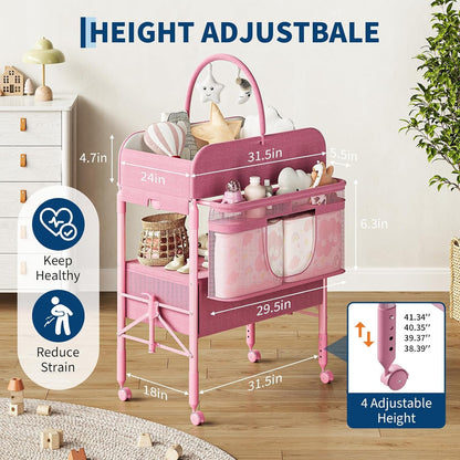 Portable Baby Changing Table with Drawers and Wheels - Collapsible Diaper Changing Station - Adjustable Height - Mobile Nursery Organizer for Newborn Infant Care - Sturdy Frame