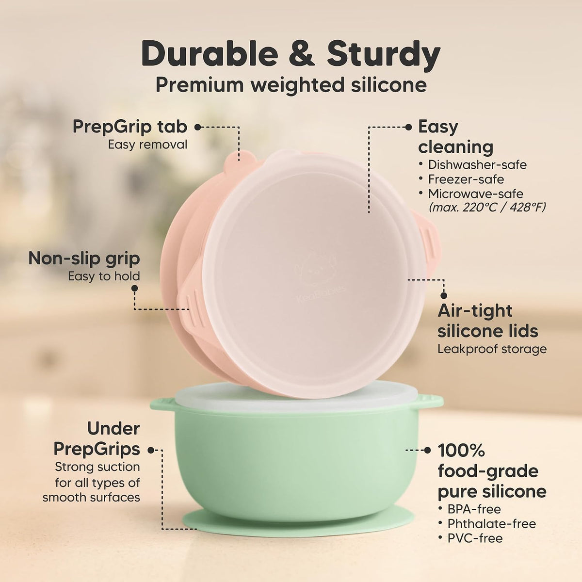 2-Pack Baby Bowls with Suctions, Lids, Silicone (Roseate)