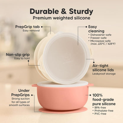 2-Pack Baby Bowls with Suctions, Lids, Silicone (Roseate)