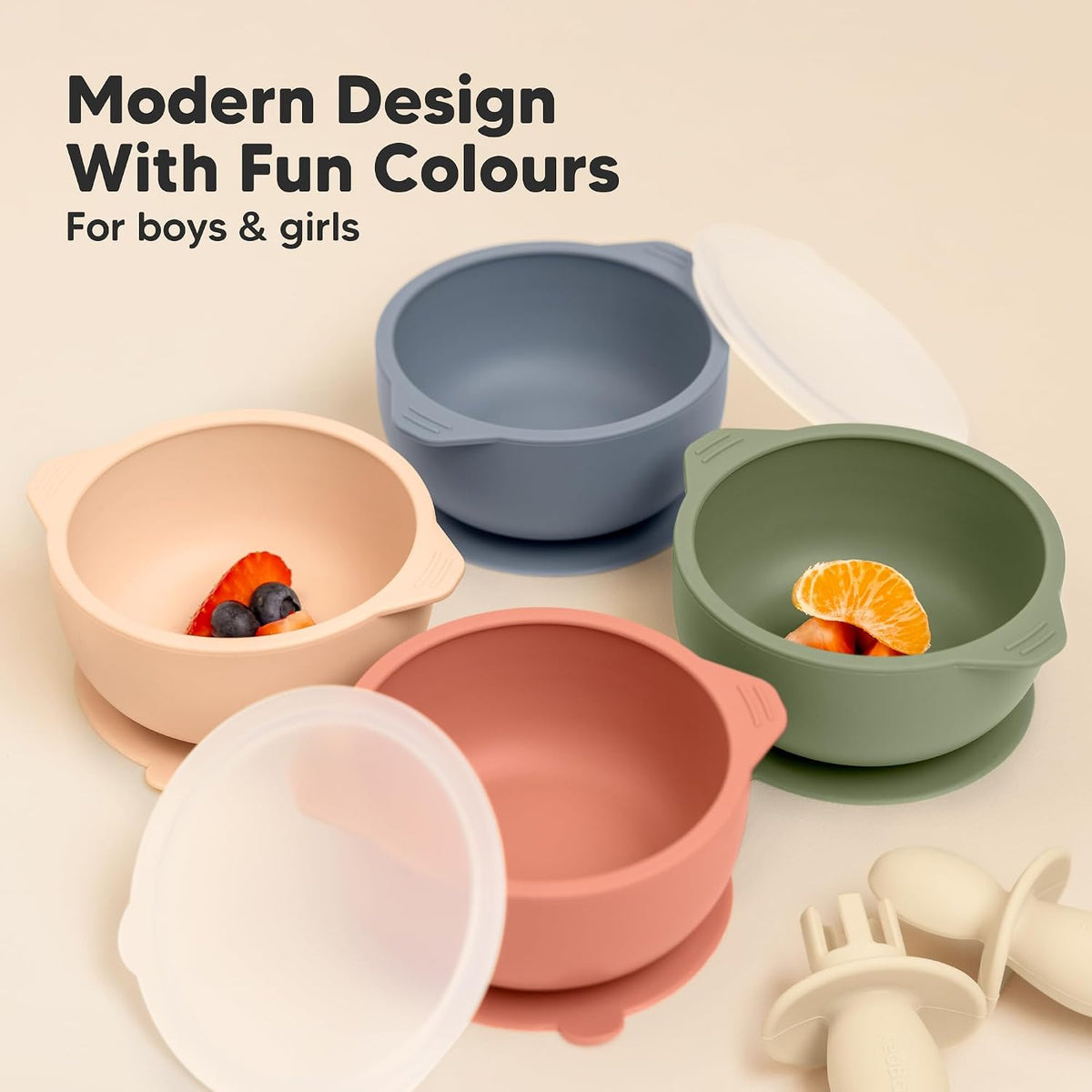 2-Pack Baby Bowls with Suctions, Lids, Silicone (Roseate)