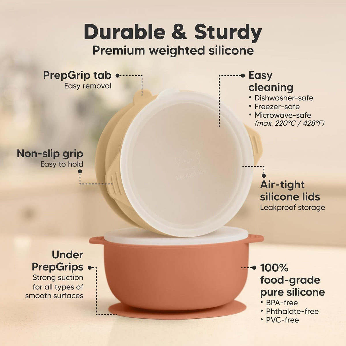 2-Pack Baby Bowls with Suctions, Lids, Silicone (Roseate)