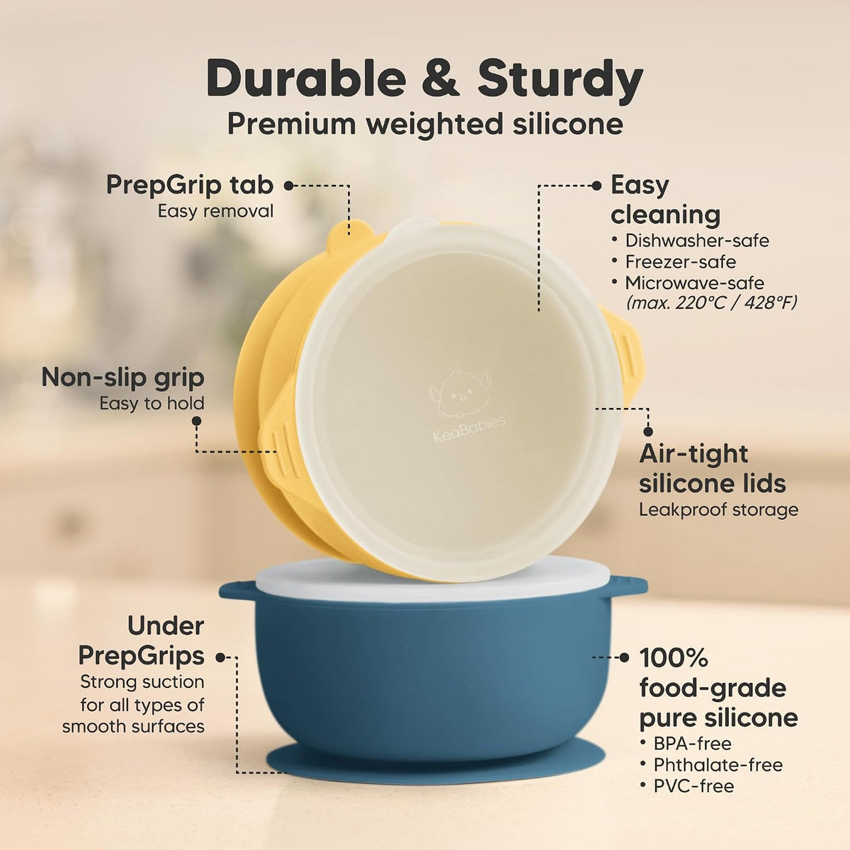 2-Pack Baby Bowls with Suctions, Lids, Silicone (Roseate)