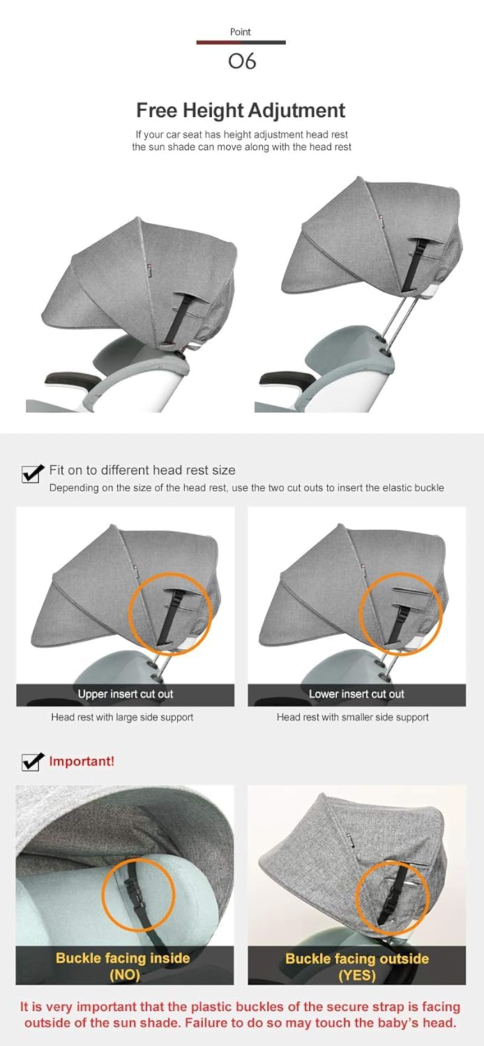 Sun Shade Extender/Auxiliary Canopy for Car Seat (Black Grey)