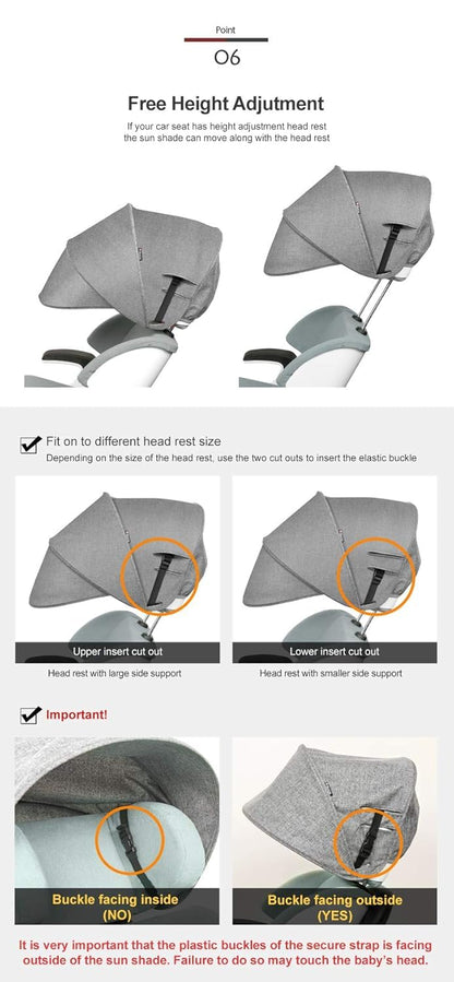 Sun Shade Extender/Auxiliary Canopy for Car Seat (Black Grey)
