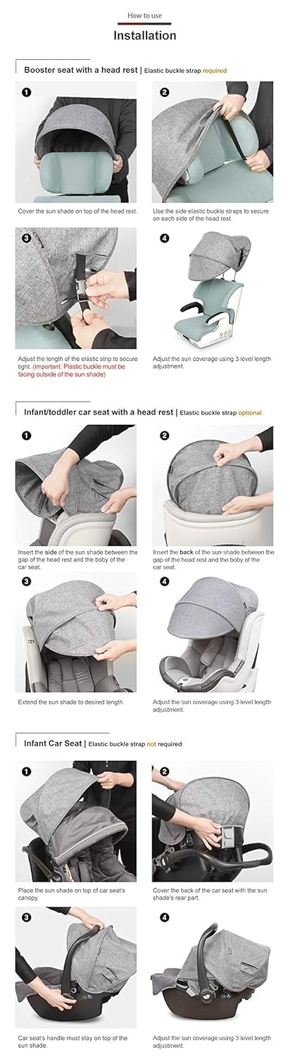 Sun Shade Extender/Auxiliary Canopy for Car Seat (Black Grey)
