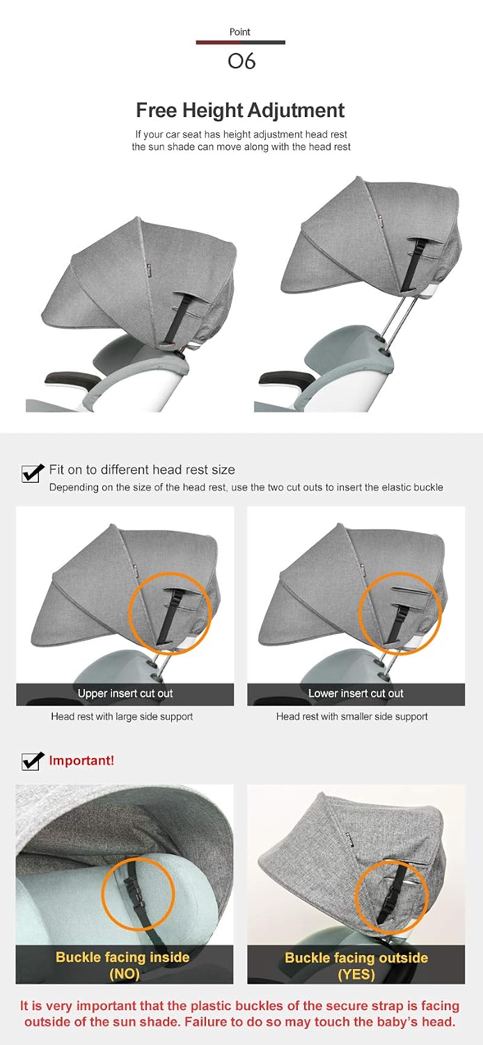 Sun Shade Extender/Auxiliary Canopy for Car Seat (Black Grey)