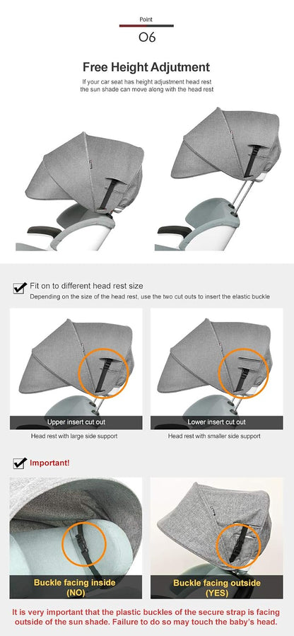 Sun Shade Extender/Auxiliary Canopy for Car Seat (Black Grey)