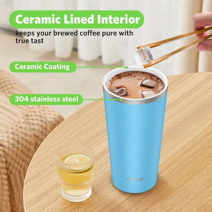 Insulated Coffee Mug with Ceramic Coating, 18oz Travel Mug with Leak-proof Lid, Vacuum Double-wall Tumbler, Stainless Steel Thermal Cup for Tea, Hot Cocoa, Cold Beverage, Ice Drinks
