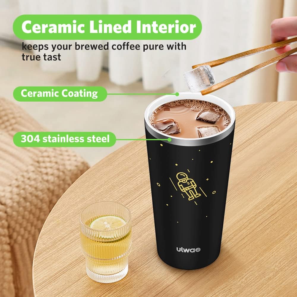 Insulated Coffee Mug with Ceramic Coating, 18oz Travel Mug with Leak-proof Lid, Vacuum Double-wall Tumbler, Stainless Steel Thermal Cup for Tea, Hot Cocoa, Cold Beverage, Ice Drinks