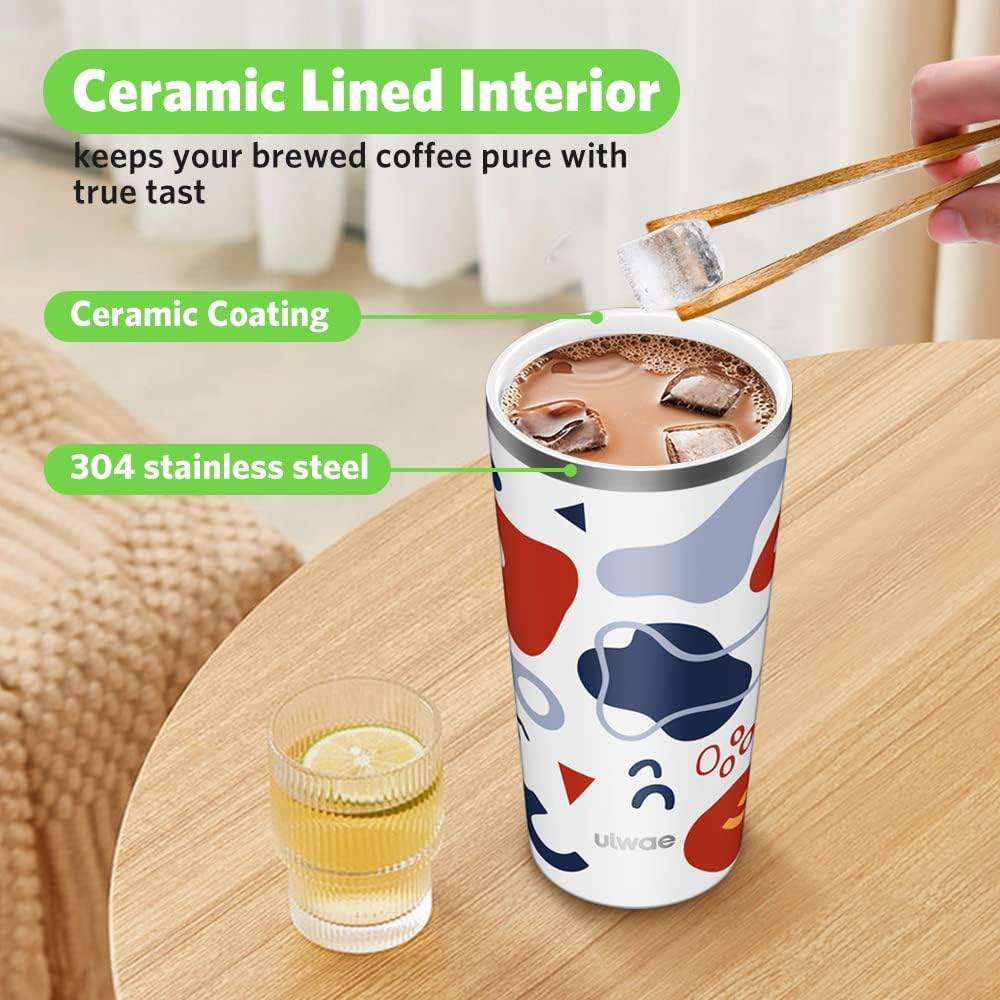 Insulated Coffee Mug with Ceramic Coating, 18oz Travel Mug with Leak-proof Lid, Vacuum Double-wall Tumbler, Stainless Steel Thermal Cup for Tea, Hot Cocoa, Cold Beverage, Ice Drinks