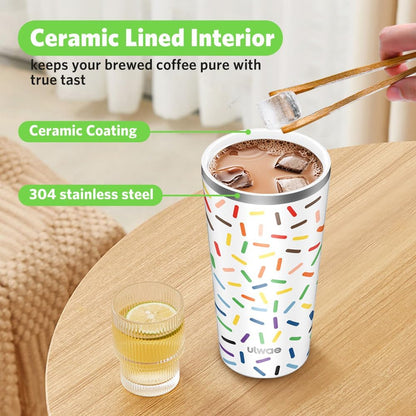 Insulated Coffee Mug with Ceramic Coating, 18oz Travel Mug with Leak-proof Lid, Vacuum Double-wall Tumbler, Stainless Steel Thermal Cup for Tea, Hot Cocoa, Cold Beverage, Ice Drinks