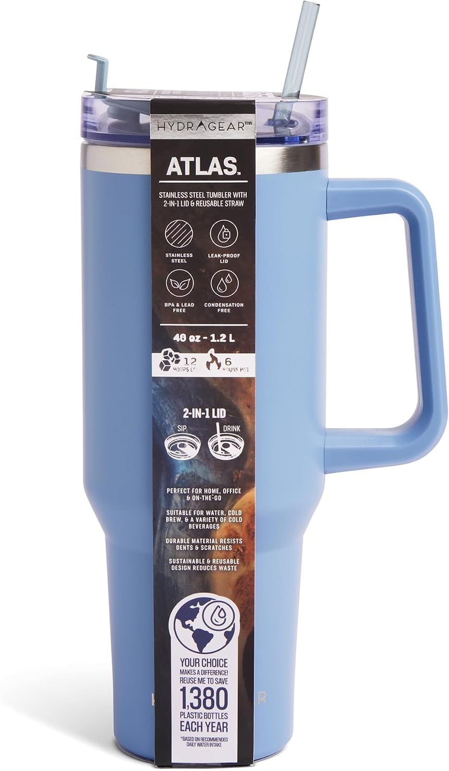 Core Kitchen ATLAS 40 oz Stainless Steel Tumbler – Double-Wall Vacuum Insulated with 2-in-1 Lid, Reusable Straw & Handle – BPA-Free - Denim Powder