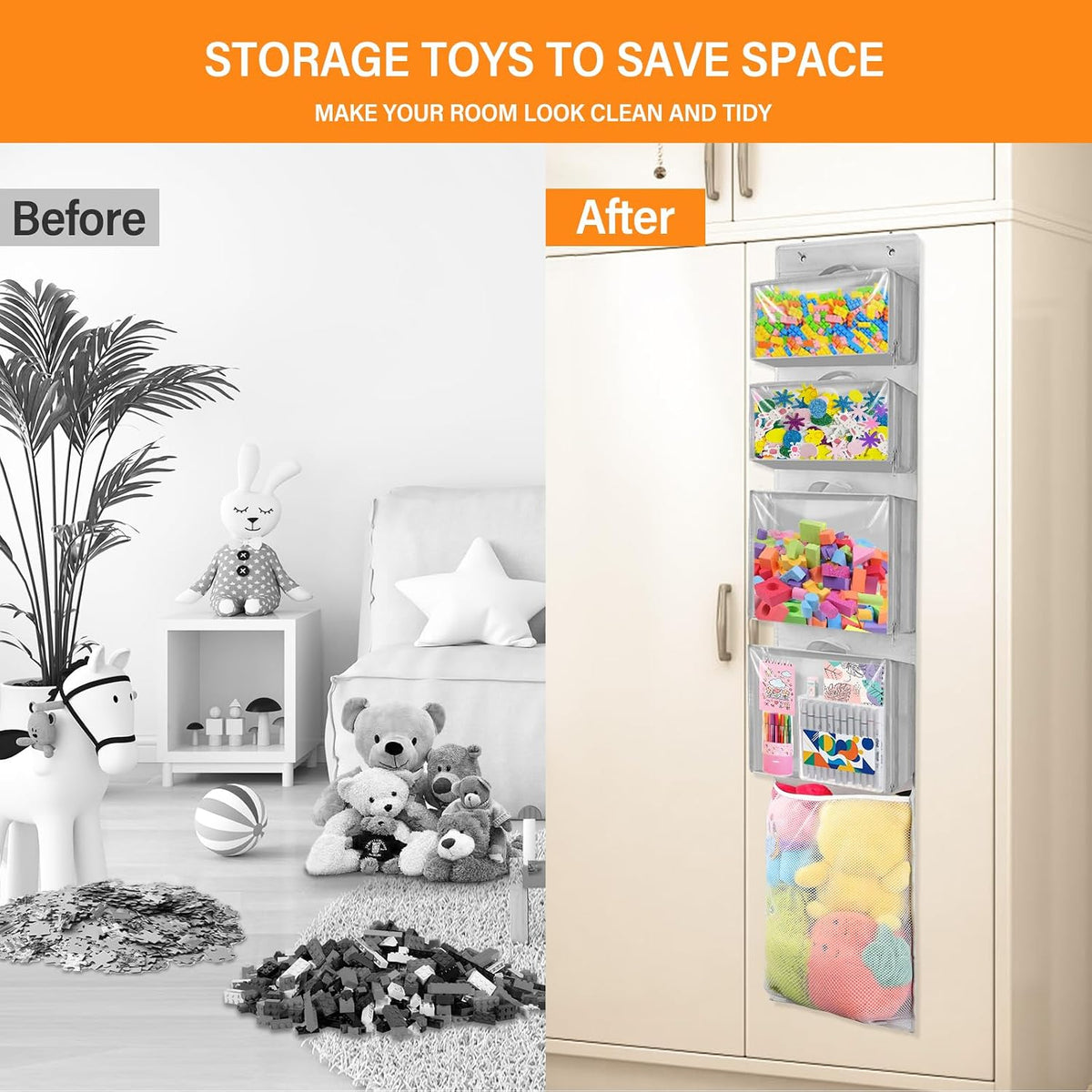 Over Door Organizer and Storage, Hanging Toy Holder with Removable Pouches
