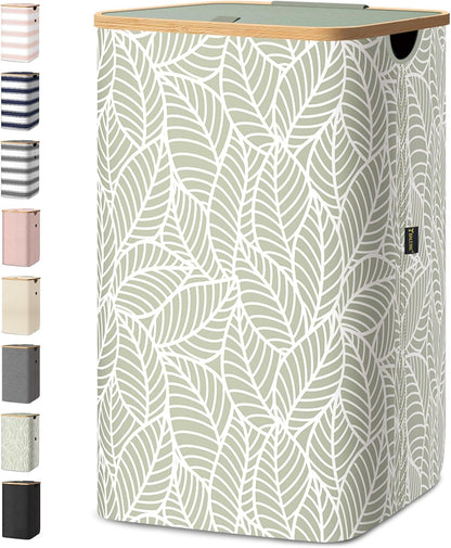 Laundry Hamper with Lid, Tall Laundry Baskets with Bamboo Pull Handles, Large Laundry Bin with Internal Support (18 Gal/70L, Antique Foliage)