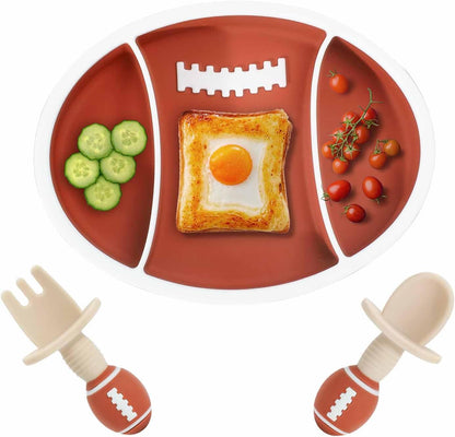 Silicone Toddler Suction Plate with Lid, 3 Compartments Divided Baby Feeding Plate, Non-Slip Bowl for Self Feeding, BPA Free, Microwave & Dishwasher Safe, Rugby Football Shape, Maroon