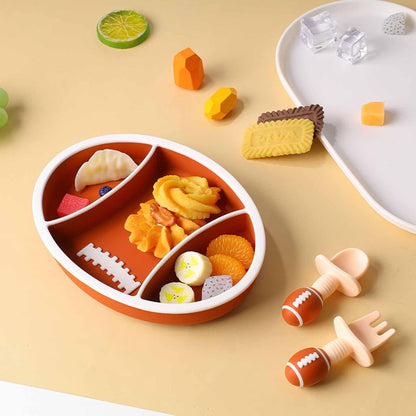 Silicone Toddler Suction Plate with Lid, 3 Compartments Divided Baby Feeding Plate, Non-Slip Bowl for Self Feeding, BPA Free, Microwave & Dishwasher Safe, Rugby Football Shape, Maroon