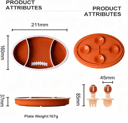 Silicone Toddler Suction Plate with Lid, 3 Compartments Divided Baby Feeding Plate, Non-Slip Bowl for Self Feeding, BPA Free, Microwave & Dishwasher Safe, Rugby Football Shape, Maroon