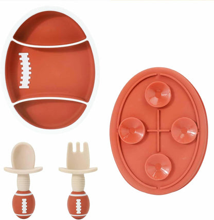 Silicone Toddler Suction Plate with Lid, 3 Compartments Divided Baby Feeding Plate, Non-Slip Bowl for Self Feeding, BPA Free, Microwave & Dishwasher Safe, Rugby Football Shape, Maroon