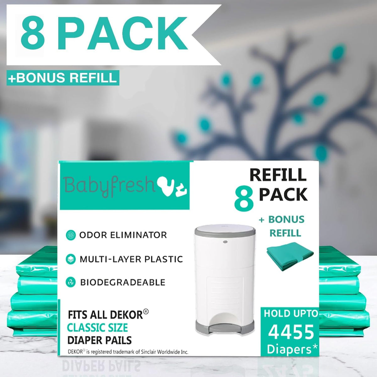 Nine-Pack Diaper Pail Refill Bags Holds 5000 Diaper – Extra-Thick Multi-Layer with Fresh Scent to Control Odors - Compatible with Traditional-Sized Diaper Pails - Durable Diaper Pail Liner Refill
